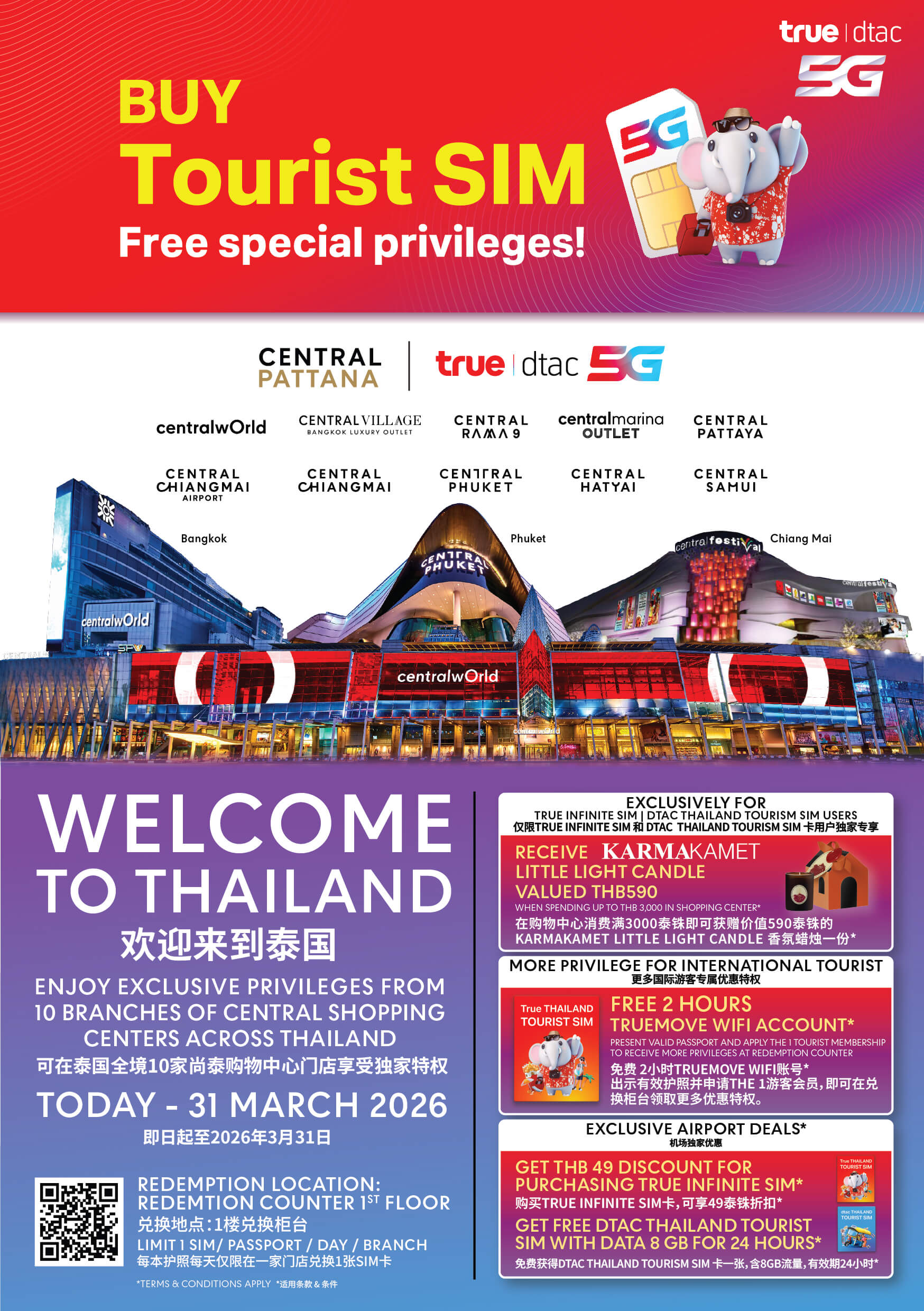EXCLUSIVE PRIVILEGES FOR TRUE INFINITE SIM | DTAC THAILAND TOURISM SIM (NON-THAI) CUSTOMERS FROM 10 CENTRAL SHOPPING CENTERS ACROSS THAILAND
